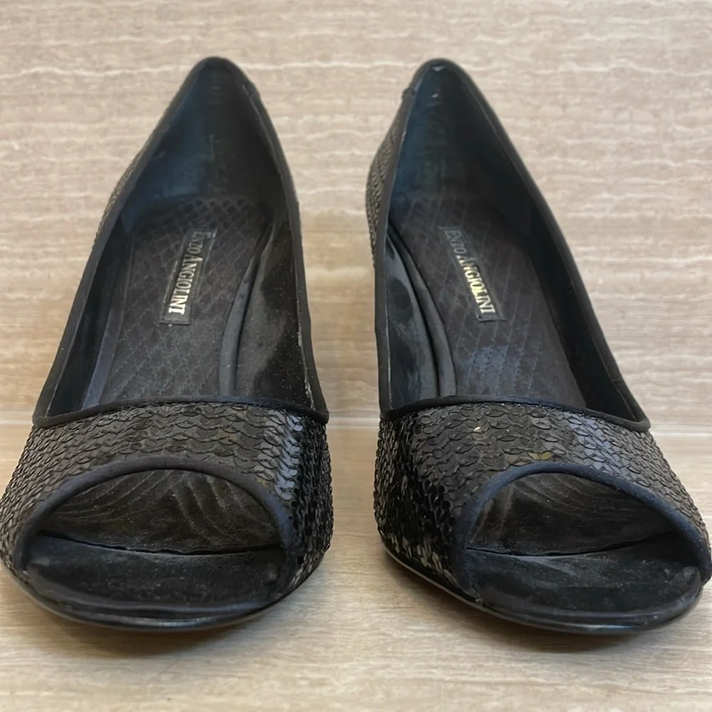ENZO ANGIOLINI UEC Women’s Size 9.5 Black peep toe stiletto heel pumps sequins - Picture 7 of 12
